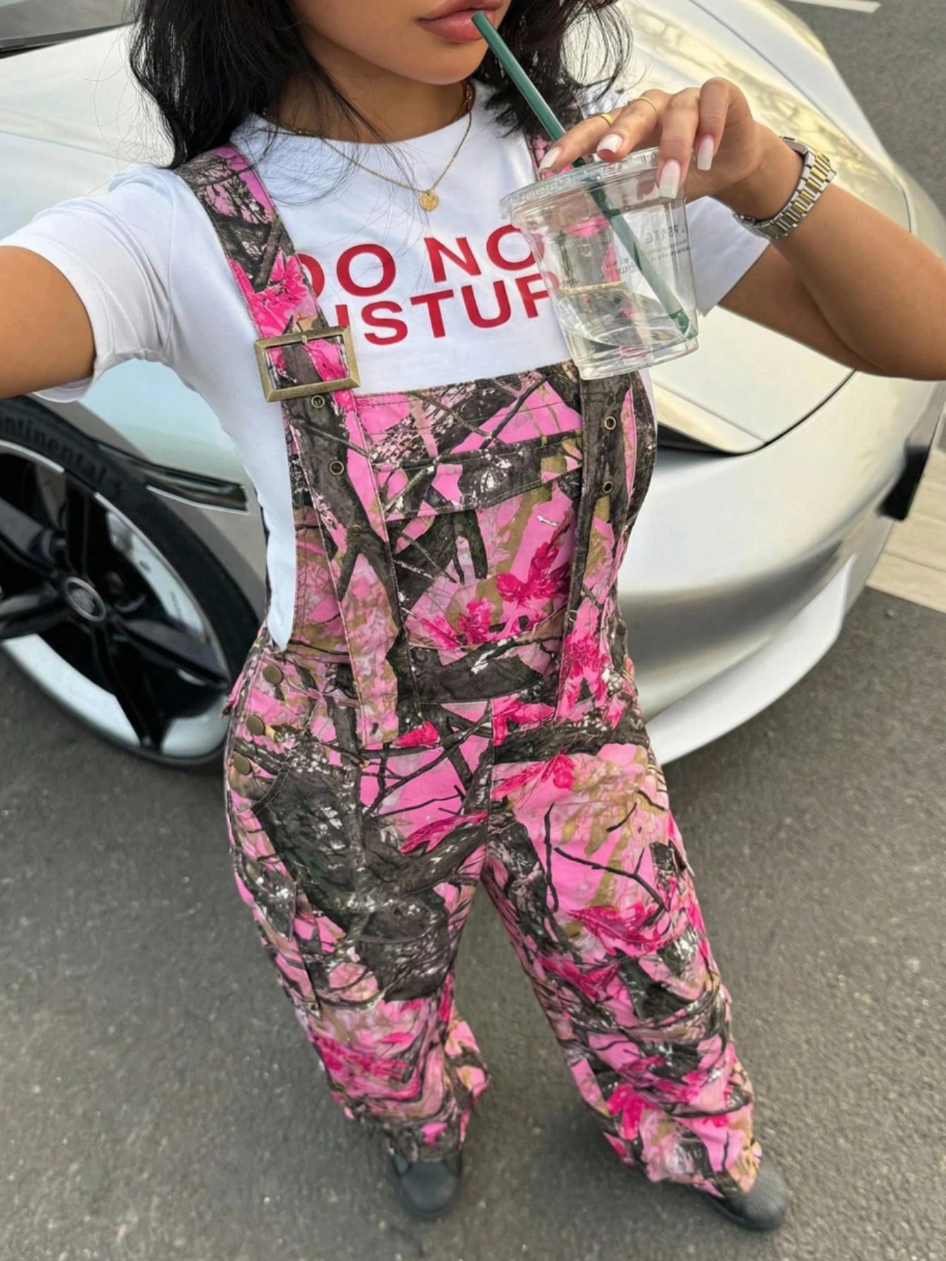 Women Adjustable Strap Printed Wide Leg Overalls For Casual Streetwear Outdoor And Daily Vacation Occasion
