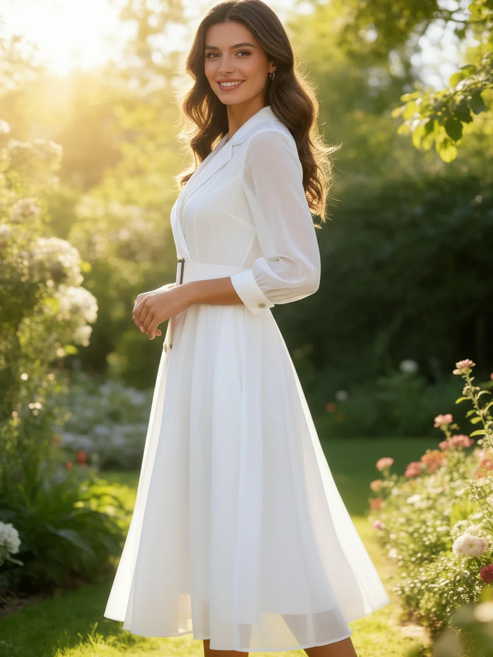 Elegant Style Women Summer Lapel Sheer Sleeve Double Breasted Belted Swing Midi Dress