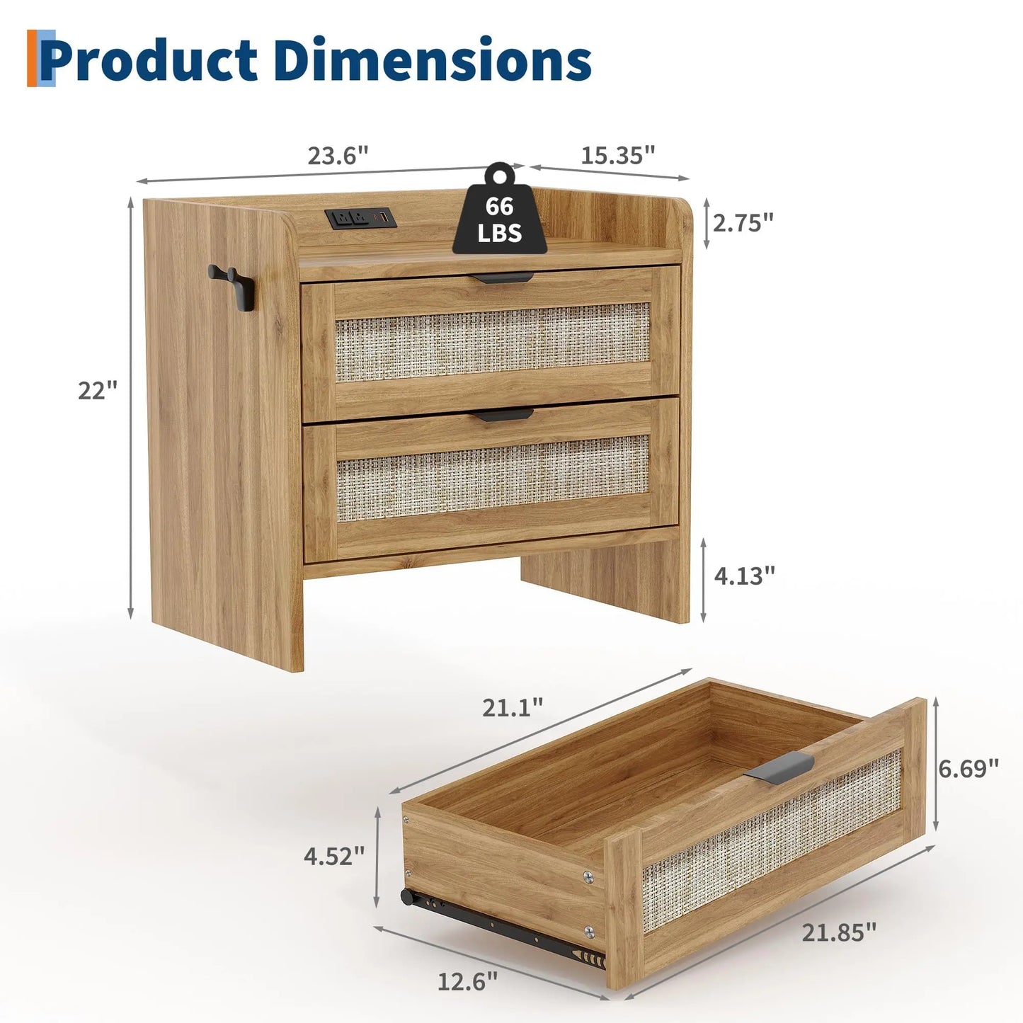 Modern Rattan Nightstand Set Of 2 With Charging Station & Drawers, Bedside Table With Usb/Type-C Ports, Storage Side Table