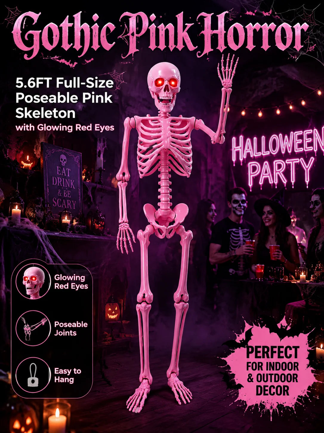 Sound Activated Posable Skeleton Decoration With Glowing Red LED Eyes
