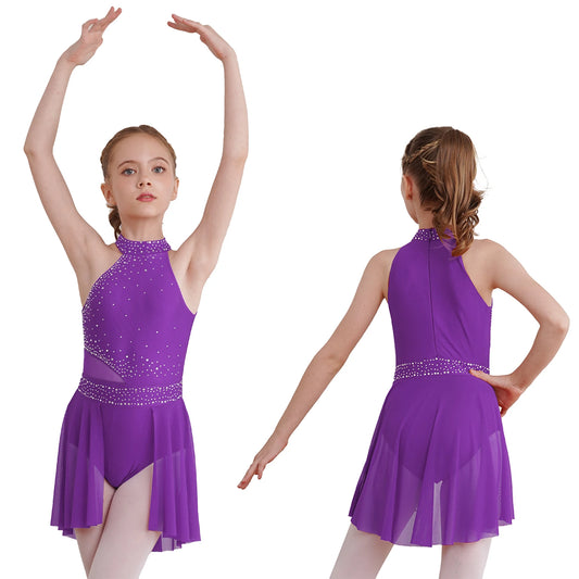 NONECN Girls Rhinestone Halter Ice Skating Dress Skirted Leotard Dancewear