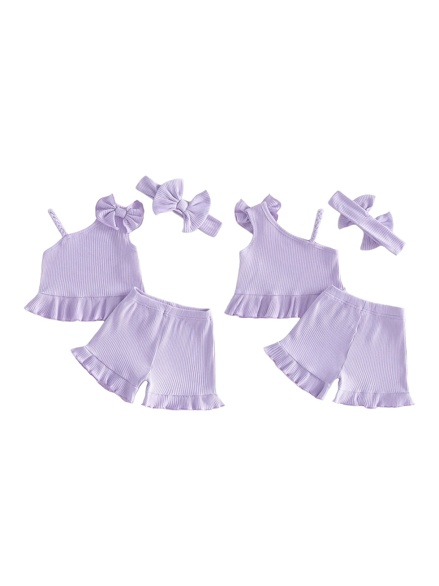 Adorable Toddler Girl s Summer Ensemble with Bow Detail Ribbed Sleeveless Top Ruffle Shorts and Matching Headband - 3 Piece
