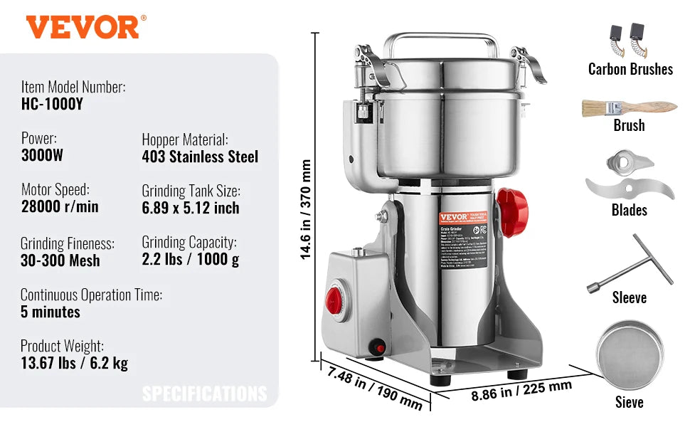 VEVOR Electric Grain Mill Grinder for Dry Herbs and Spices