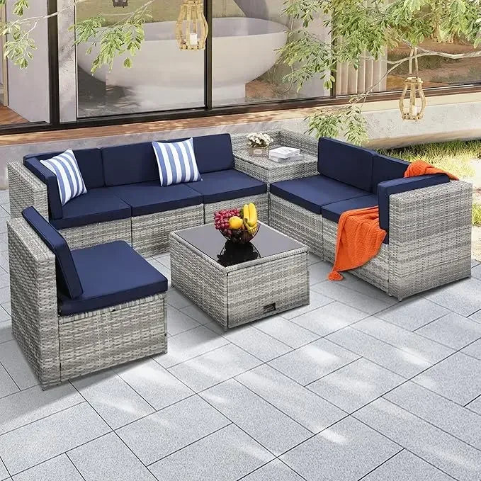 Outdoor Rattan Patio Furniture Set With Glass Table Hidden Storage
