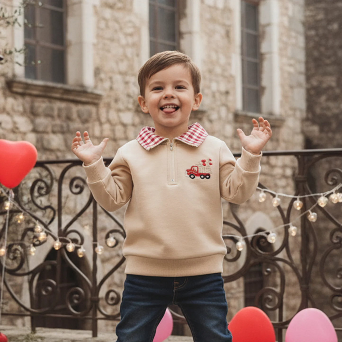 Boys Valentine s Day Sweatshirt Stylish Long Sleeve Hoodie with Turn-down Collar and Embroidered Pullover Design for Kids