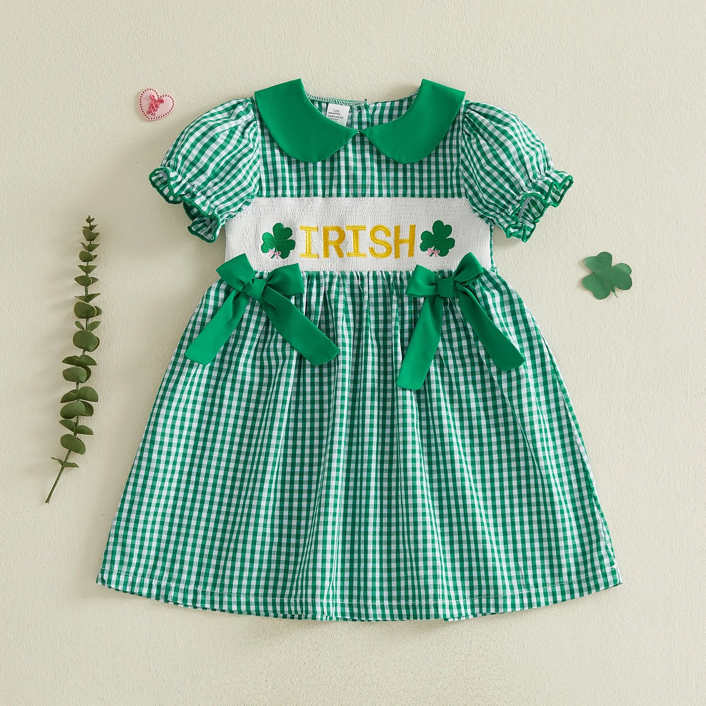 Girls Plaid A-line Dress with Short Sleeves and Doll Collar St Patrick s Day Clover Embroidery Irish Letter Detail