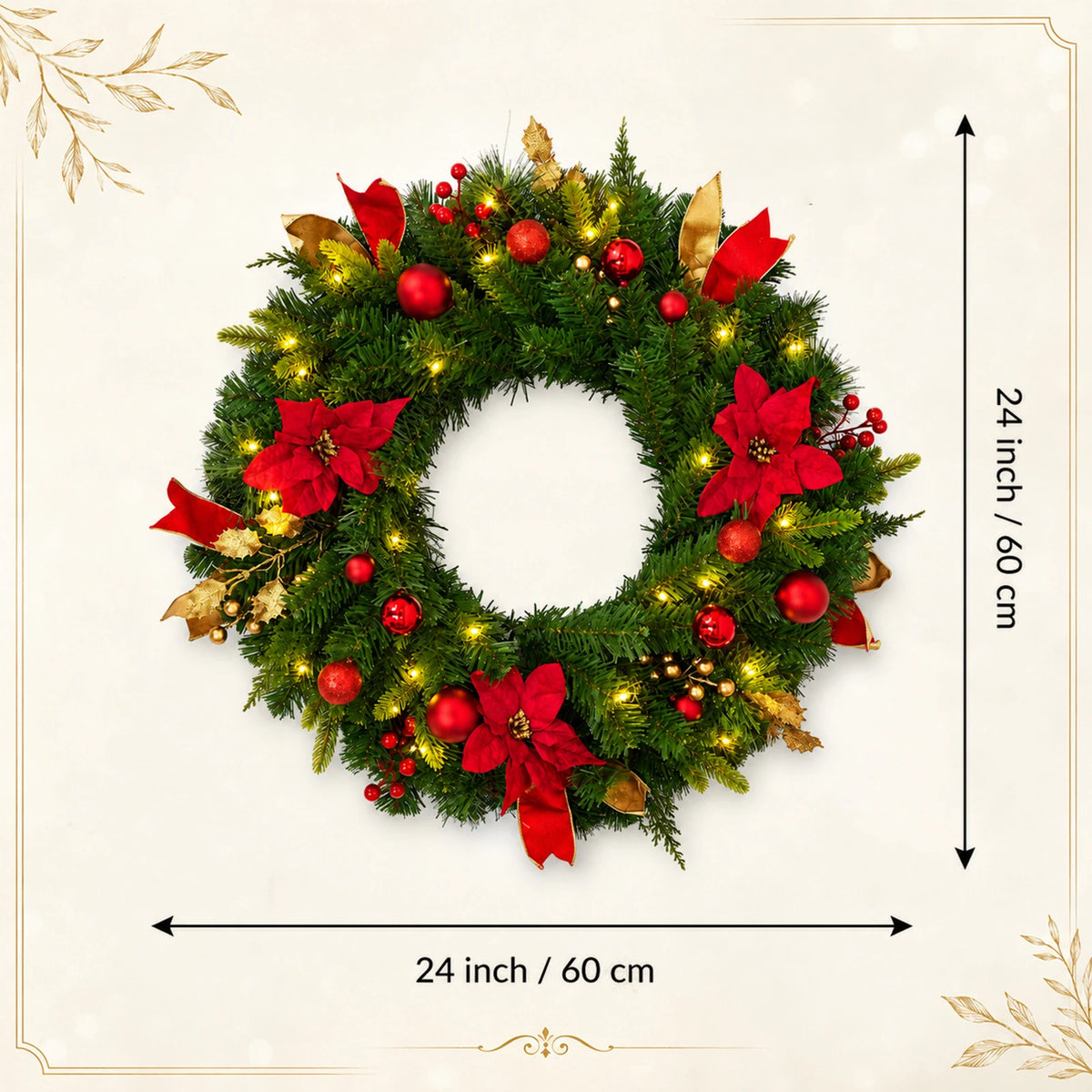 HiMiss Lighted Christmas Wreath With Timer Rustic Holiday Door Decor