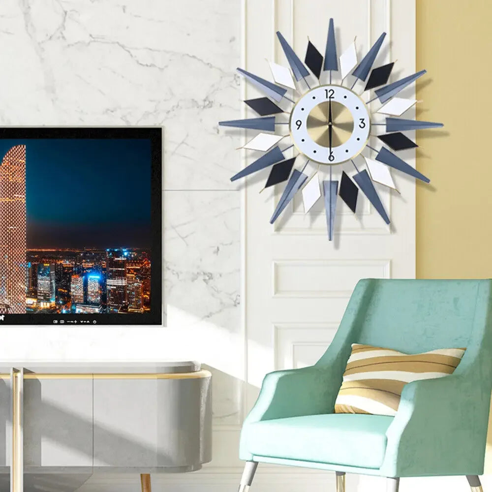 23.6 Inch Modern Large Decorative Wall Clock Silent Non Ticking,Retro Star VWall Clock Decor,Battery Operated Sun Wall Clock