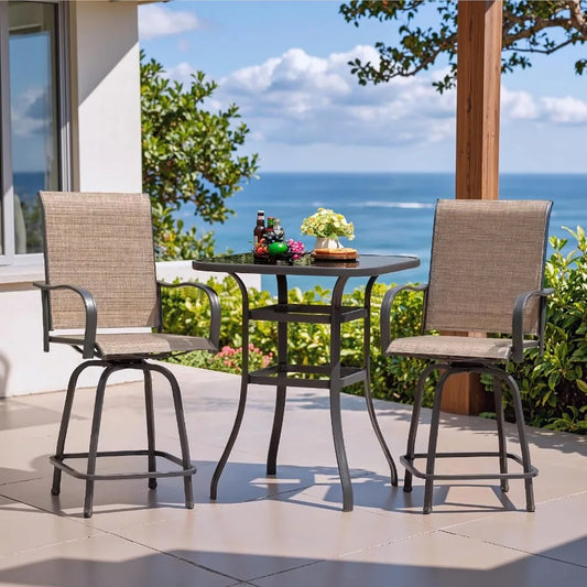 Outdoor Patio Swivel Bar Set With Bamboo Seats And Metal Frame