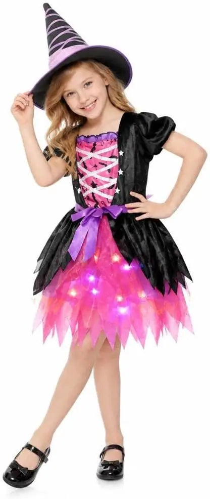 Halloween Girls Light-Up Pink Witch Costume with Hat Kids Fancy Dress Outfit Carnival Cosplay Party Role Play  for Parties, Photos and Pretend Play