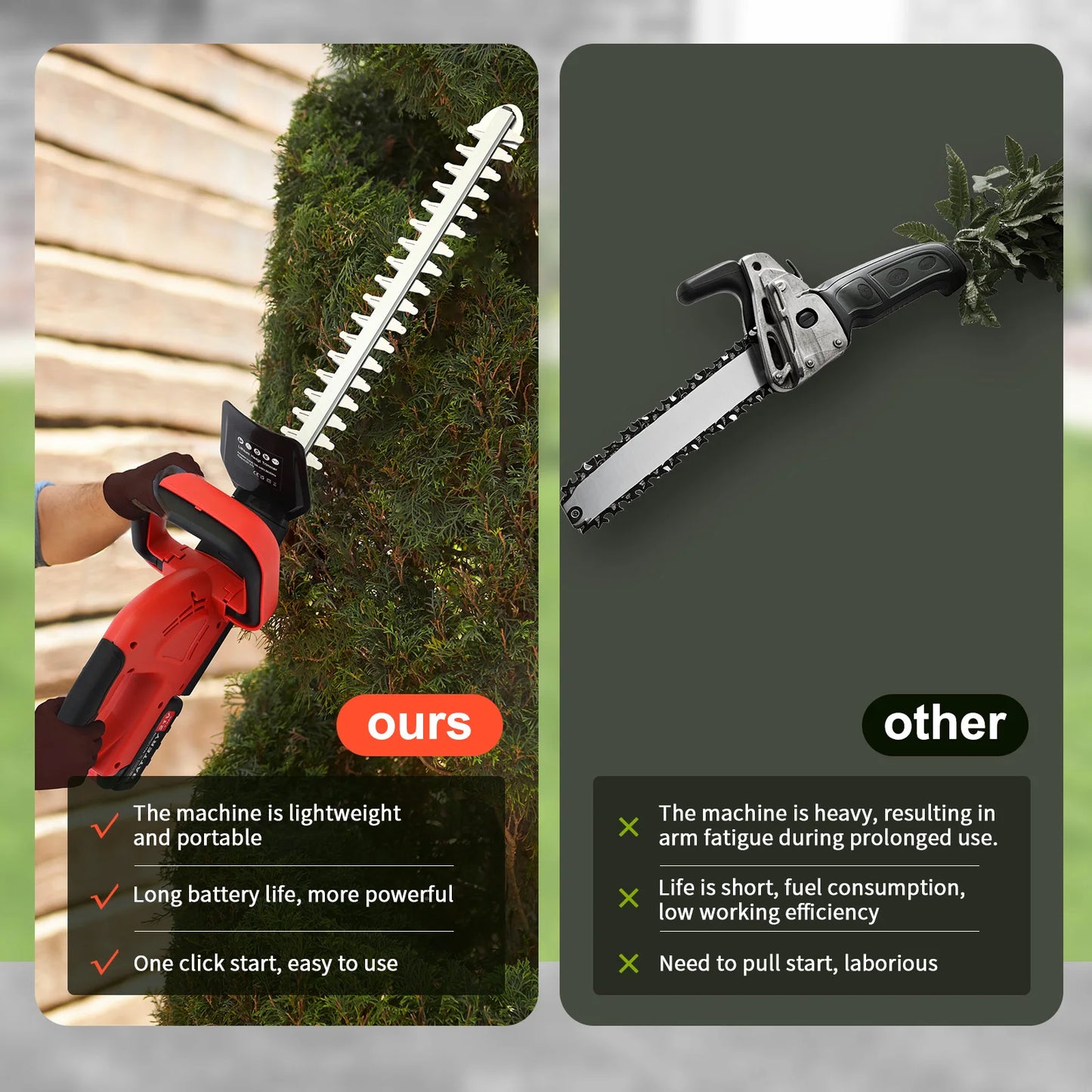 20 Inch Cordless Electric Hedge Trimmer Garden Lawn Mower Tools Dual-Blade 550W 21V with 3.0Ah Battery Charger For Shrub Pruning