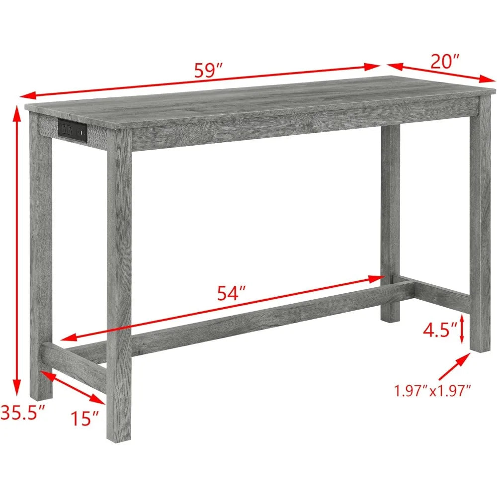 Industrial Style 3-Seat High Bar Table Set with Power Outlet, 4-Piece Dining Set Including Padded Stools