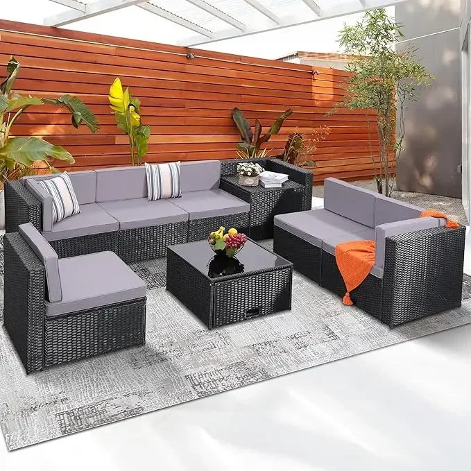 Outdoor Rattan Patio Furniture Set With Glass Table Hidden Storage