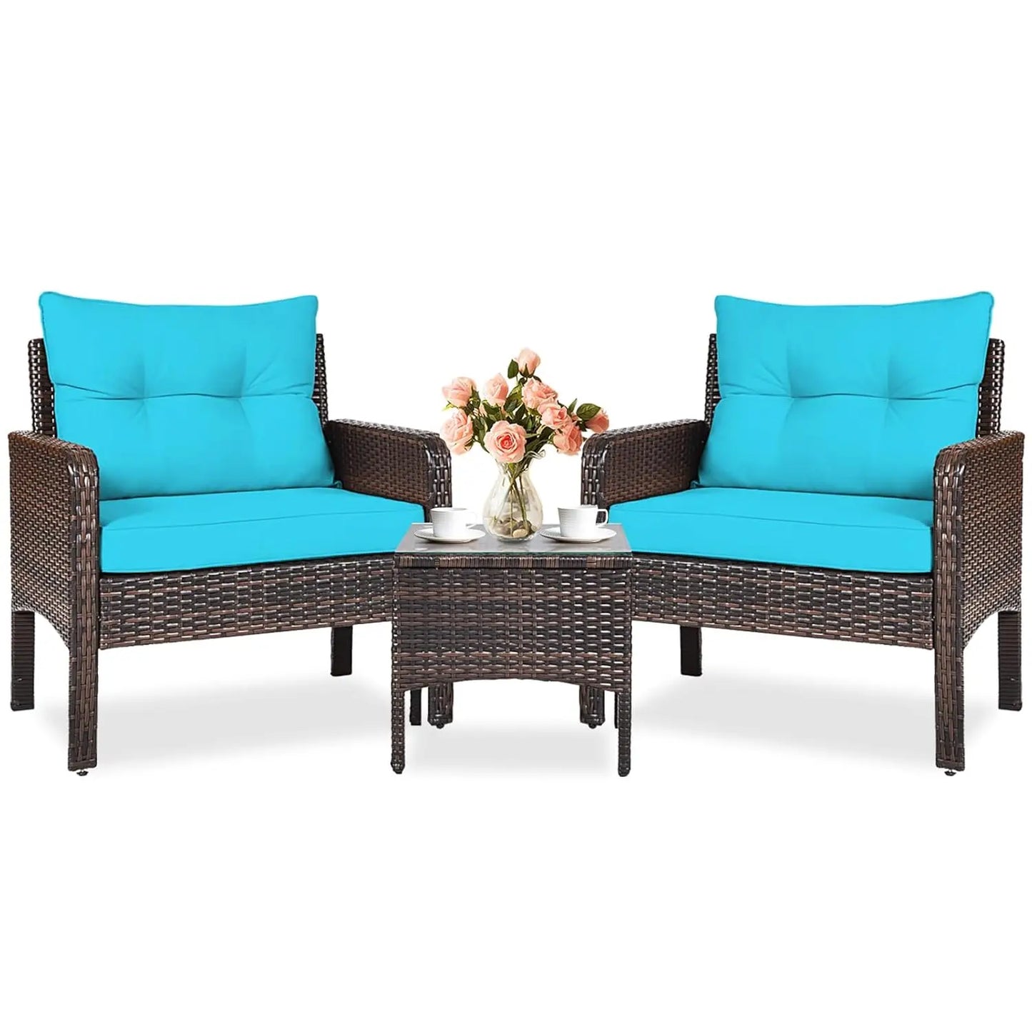 3 Piece Patio Furniture Set, Outdoor Wicker Conversation Bistro Set with 4 Cushions, All Weather PE Rattan, Customized