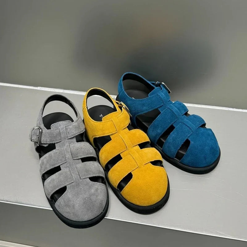 AUTUSPIN Retro Women Genuine Leather Flat Sandals Fashion Comfort Casual Buckles Shoes Woman Summer Hollow Out Sandals Round Toe