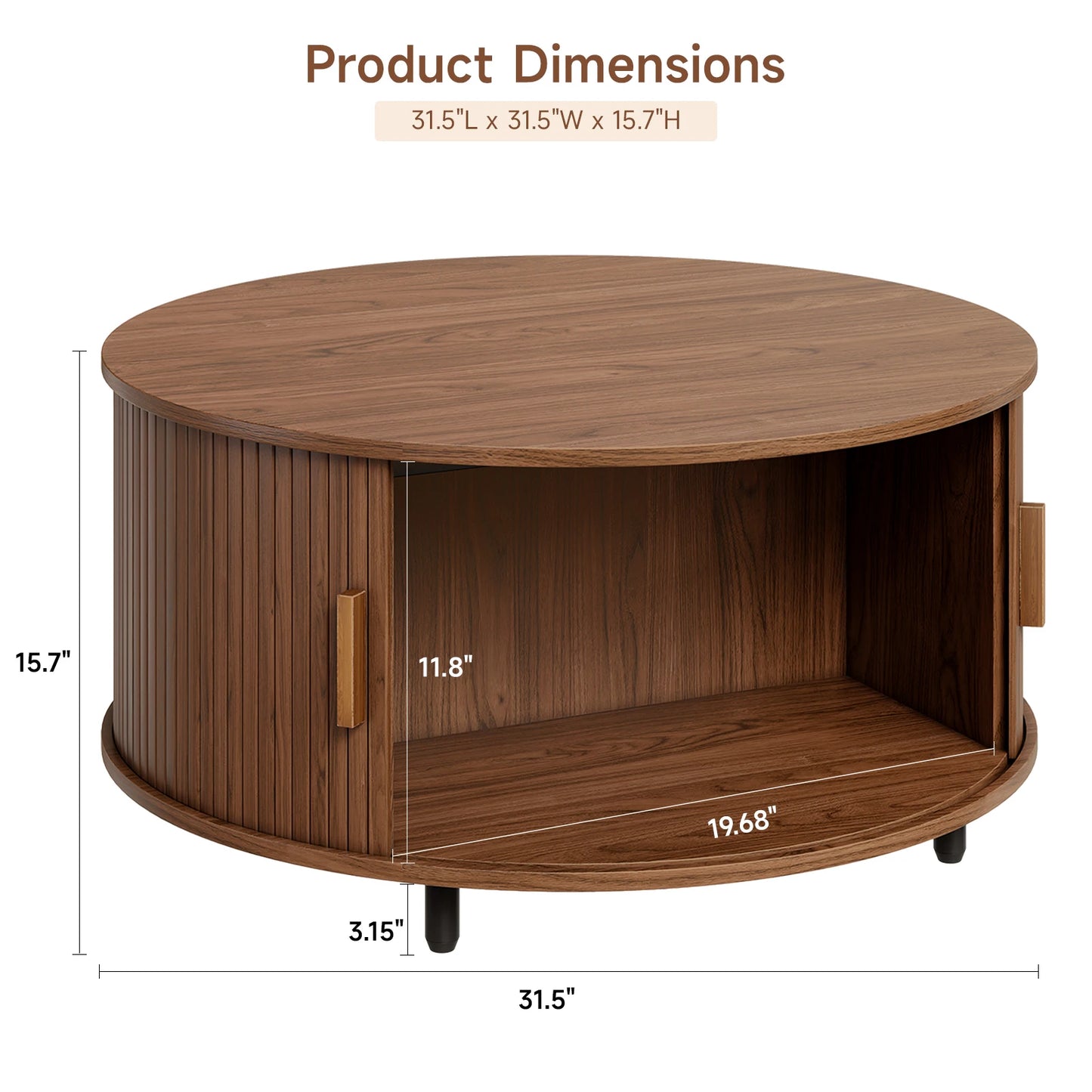Round Coffee Table With Storage And Fluted Wood Accent