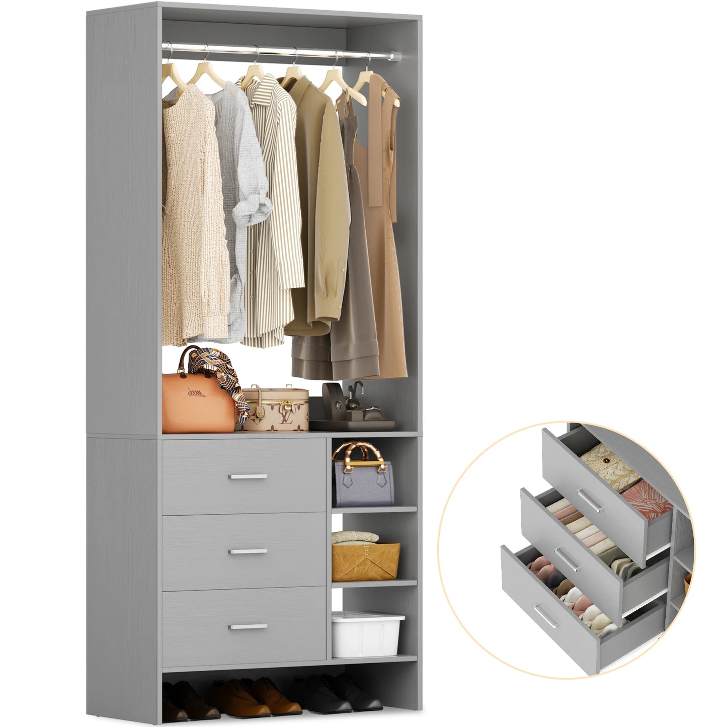 Aheaplus 2.5FT Wood Closet Organizer System with 3 Drawers 29.5'' Walk-in Or Small Closet Wardrobe with Clothes Rack And Hanging Rods