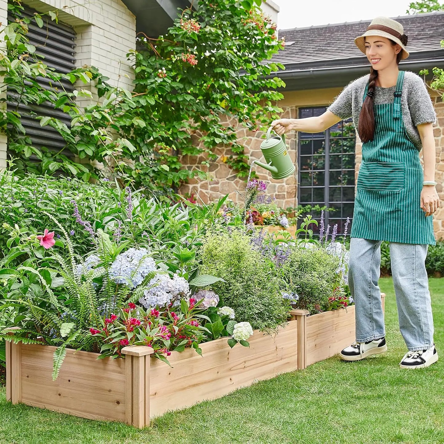 8x2ft Divisible Raised Garden Bed for Flowers Vegetables Herbs Outdoor Planting Planter Box Natural Wood