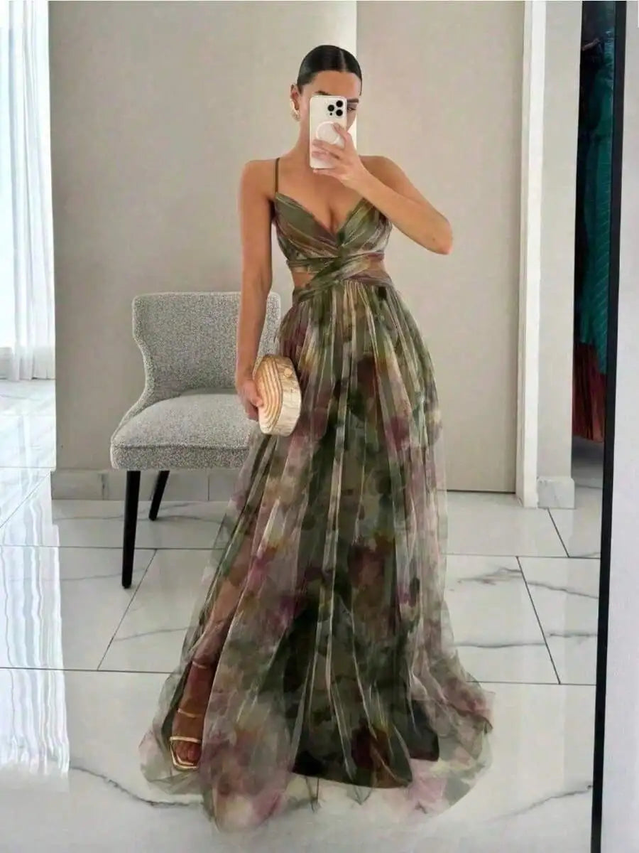 Womens Mesh Printed Cami Prom Dress Floor-Length V-Neck Sleeveless