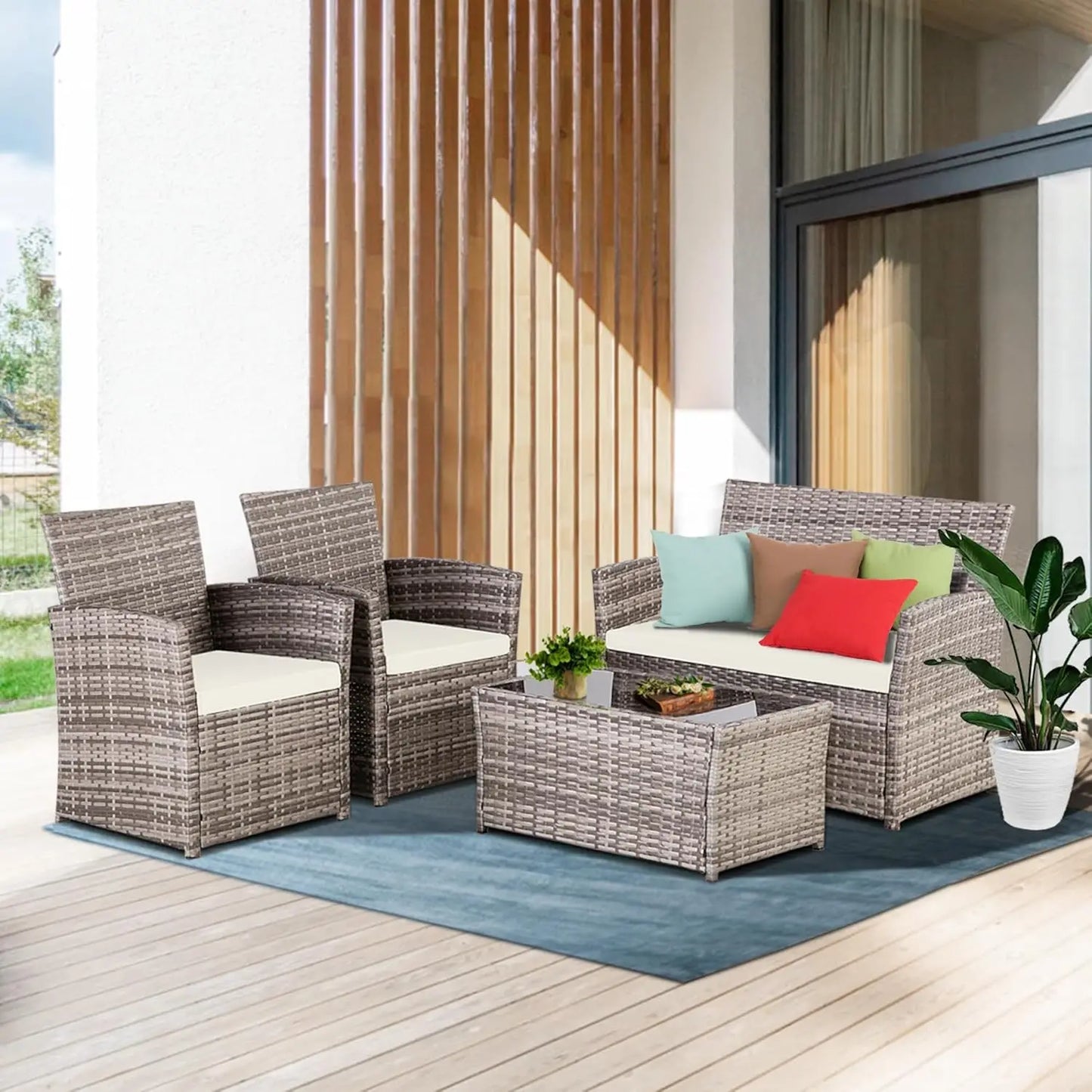 4 Piece Outdoor Patio Furniture Sets, Patio Sectional Furniture Conversation Sofa Set, Rattan Table and Chairs and, Customized