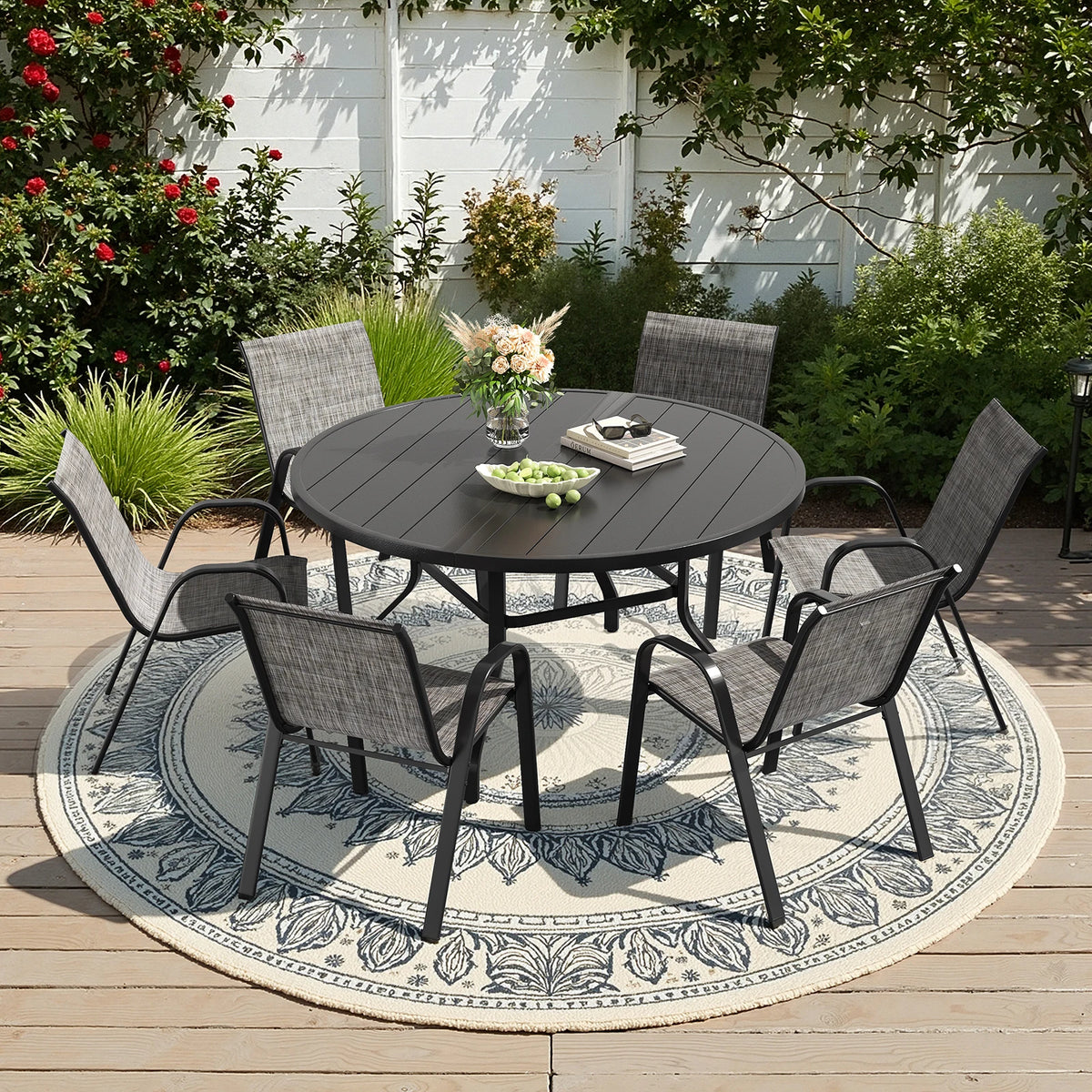 7 Piece Metal Outdoor Dining Furniture With 6 Round Chairs