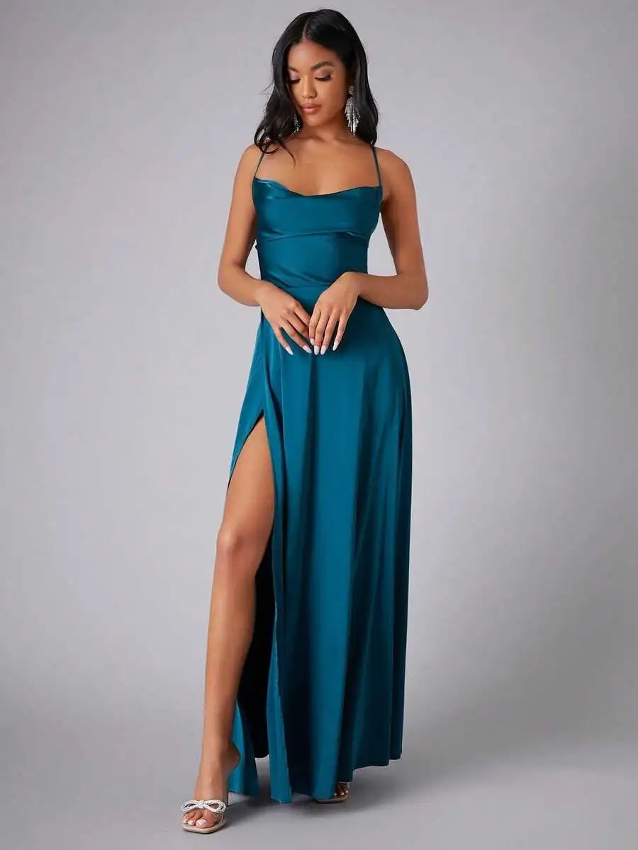 Satin Spaghetti Strap Prom Dress With High Slit And Draping