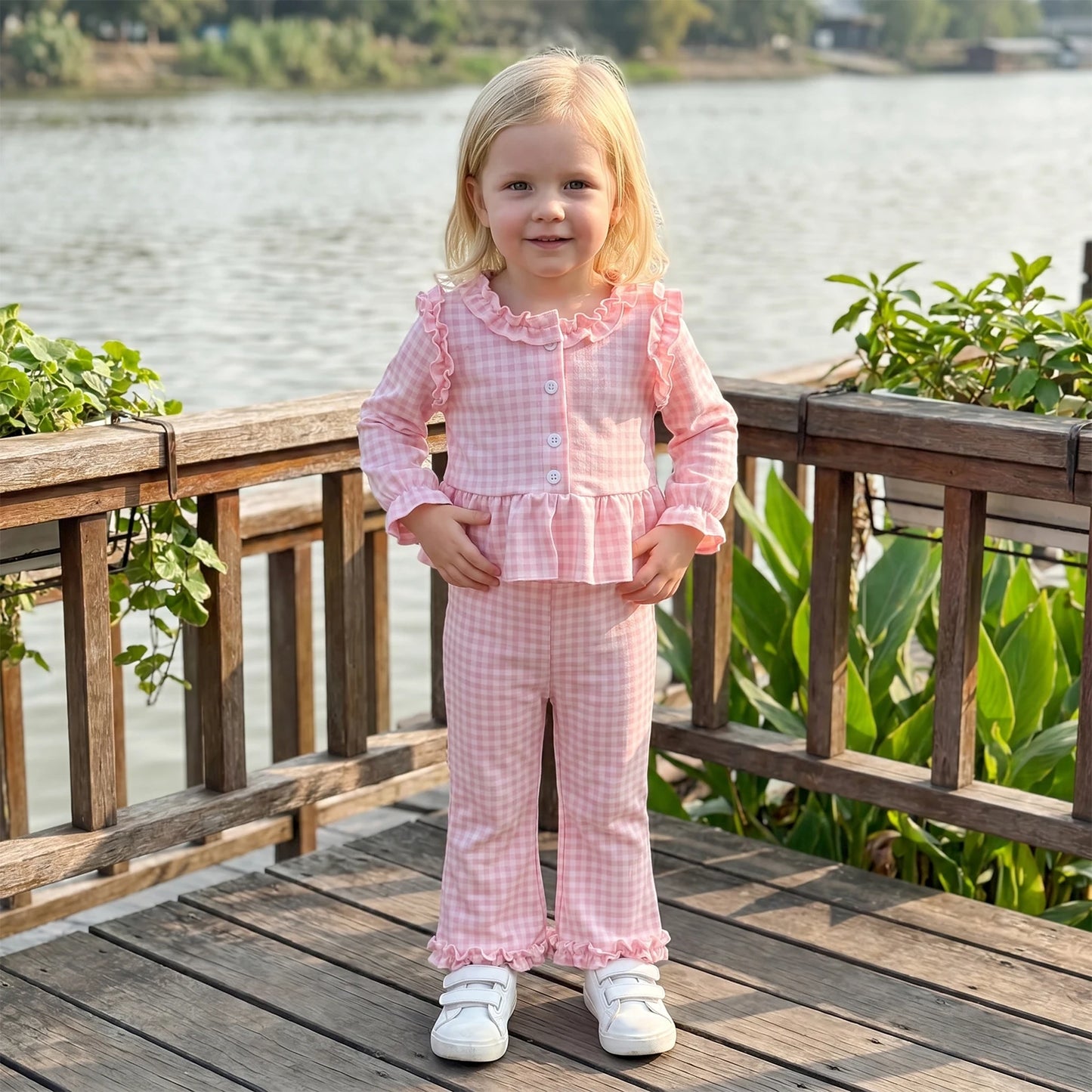 Girls Plaid Bell Bottom Set With Long Sleeve Fall Outfit