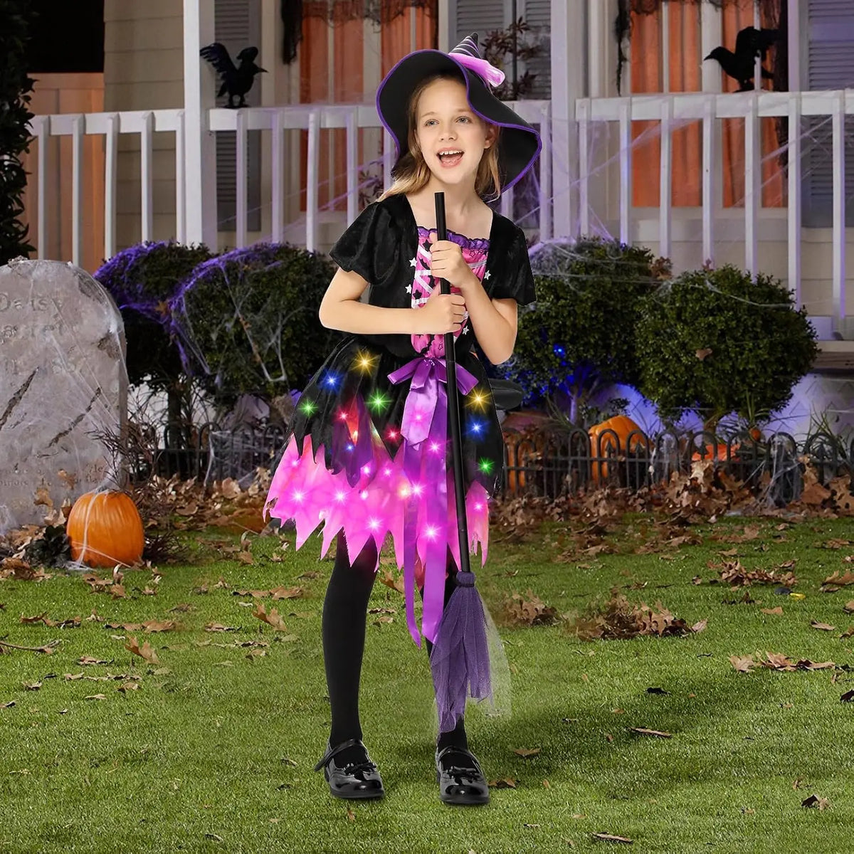 Halloween Girls Light-Up Pink Witch Costume with Hat Kids Fancy Dress Outfit Carnival Cosplay Party Role Play  for Parties, Photos and Pretend Play