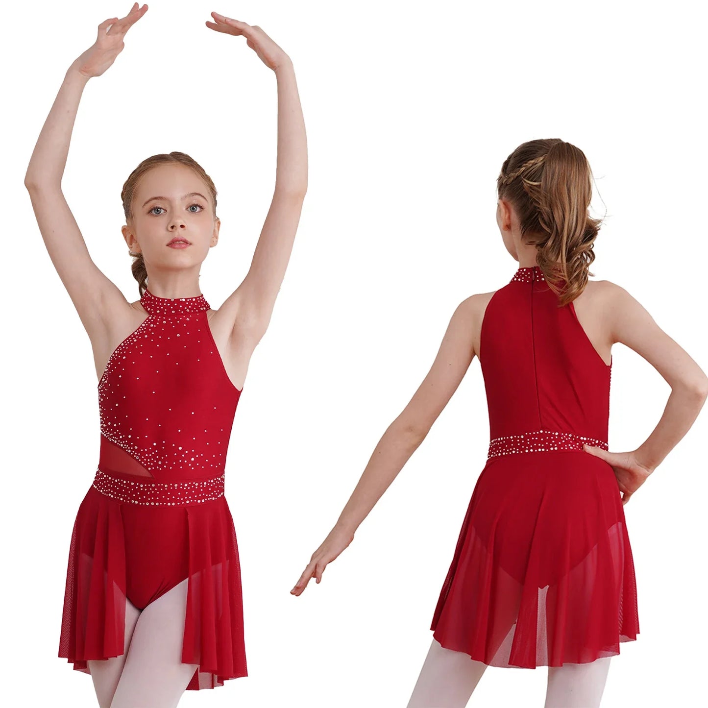 NONECN Girls Rhinestone Halter Ice Skating Dress Skirted Leotard Dancewear