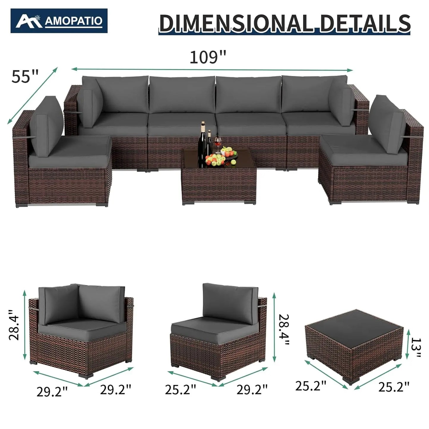 Patio Furniture Sets with Waterproof Cover, 7 Pieces Outdoor Rattan Sectional Sofa Set with Glass Table, Customized