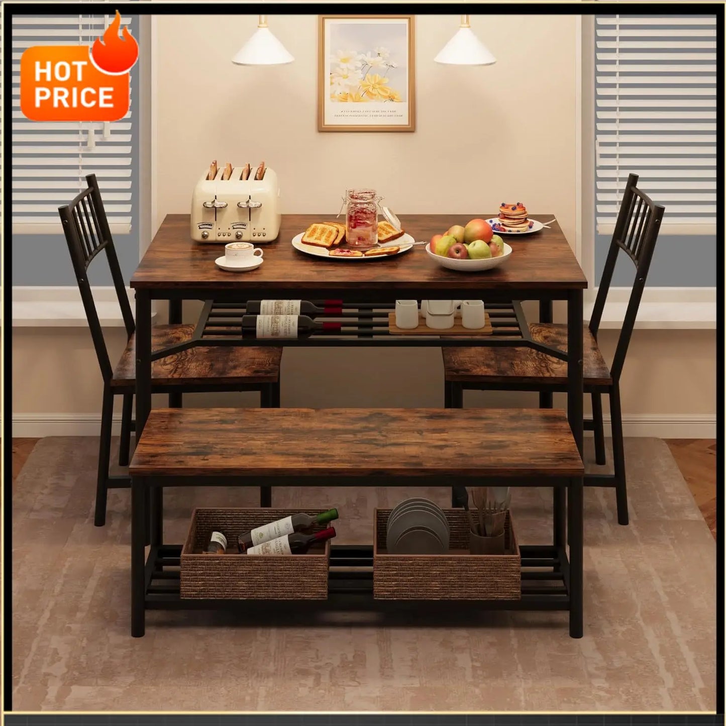 BestsellerBestsellerDining Table Set for 4 with Bench and Chairs, 4-Piece Kitchen Table Set with Storage – Space-Saving Dining T