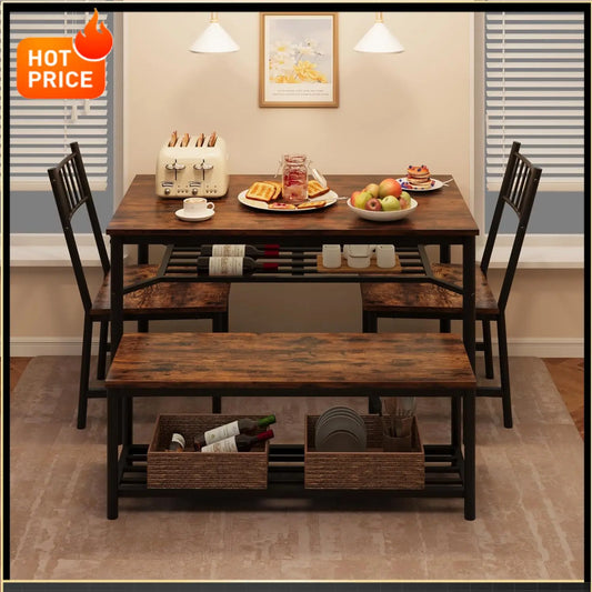 BestsellerBestsellerDining Table Set for 4 with Bench and Chairs, 4-Piece Kitchen Table Set with Storage – Space-Saving Dining T