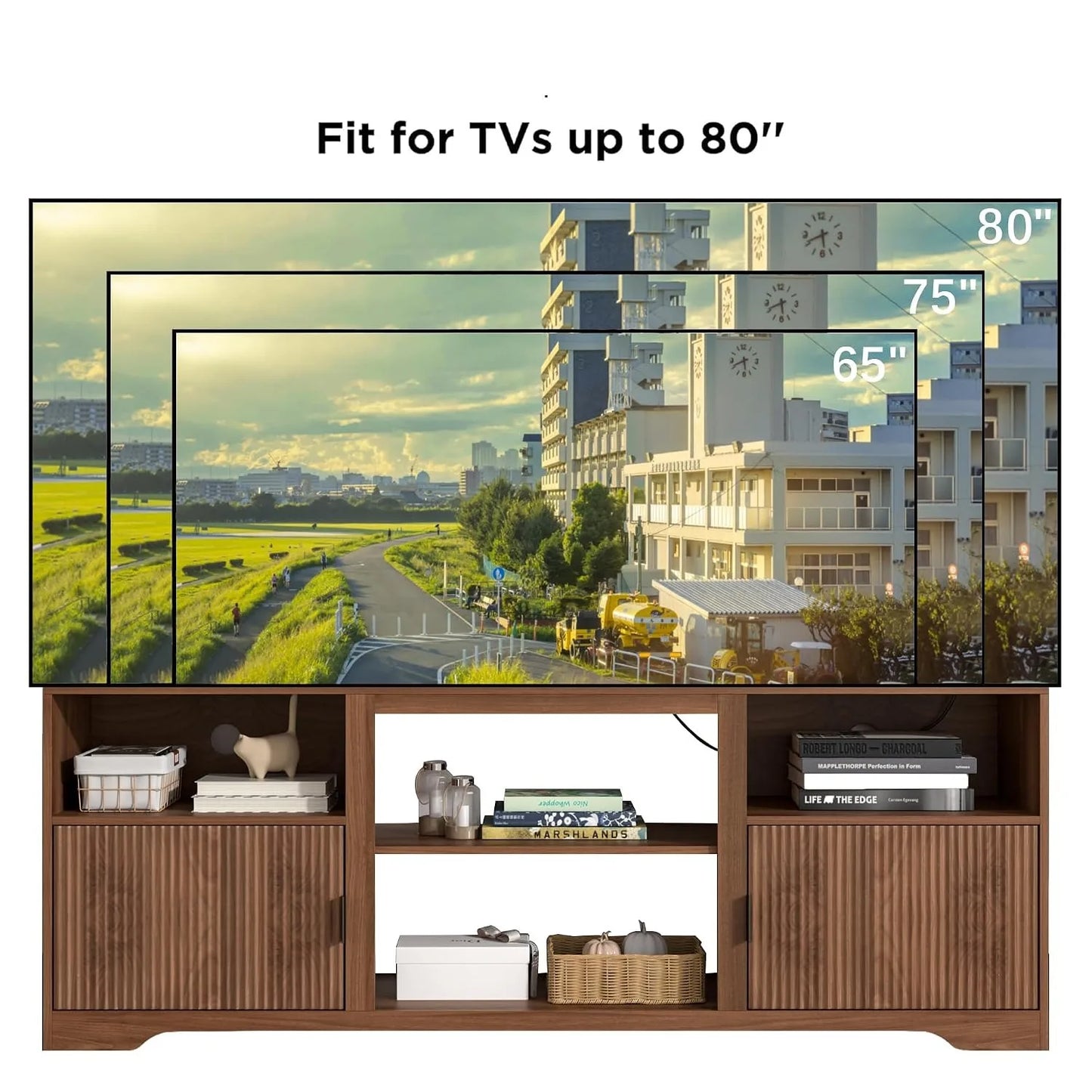 Fluted Mid Century Wood TV Stand Adjustable Shelves Fits 80in TVs, Customized