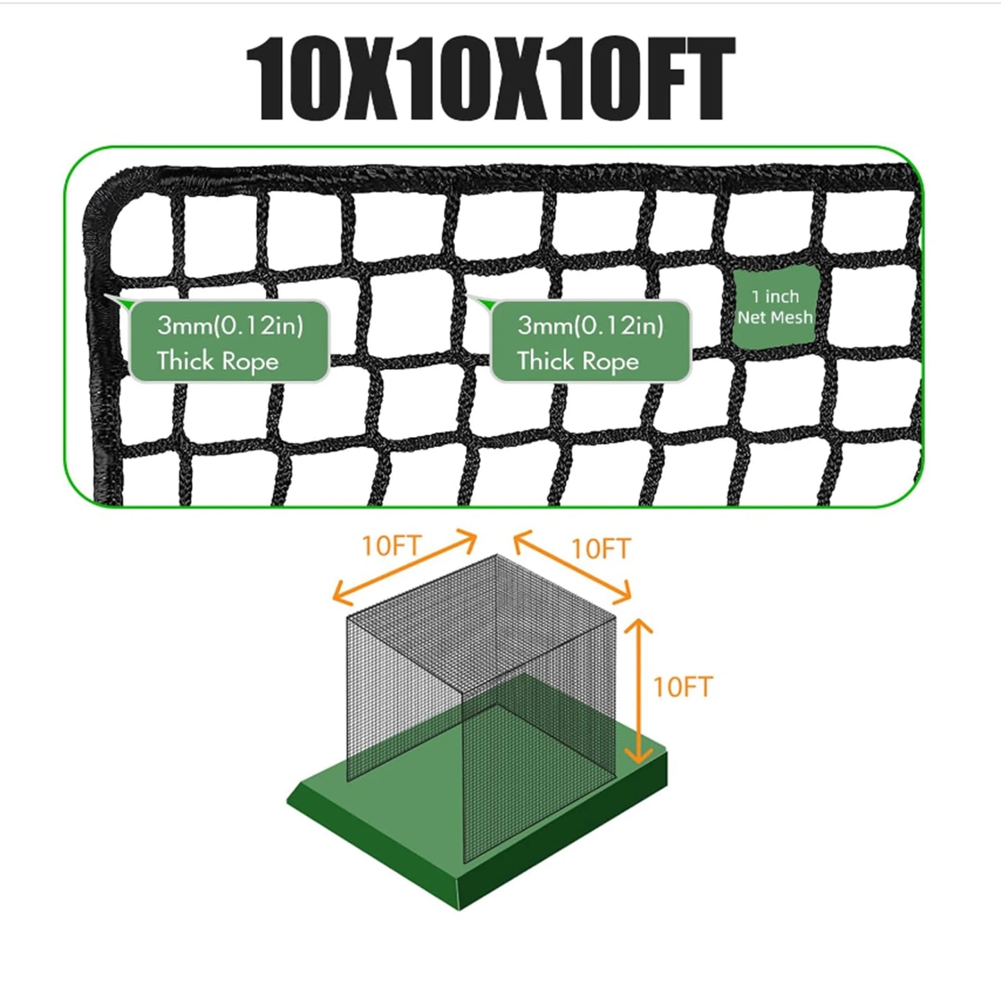 Golf Cage Net | Foldable Ball Netting 10X10X10Ft | Portable Baseball Batting Cage, Wear-Resistant Training Simulators | for Indoor or Outdoor Use