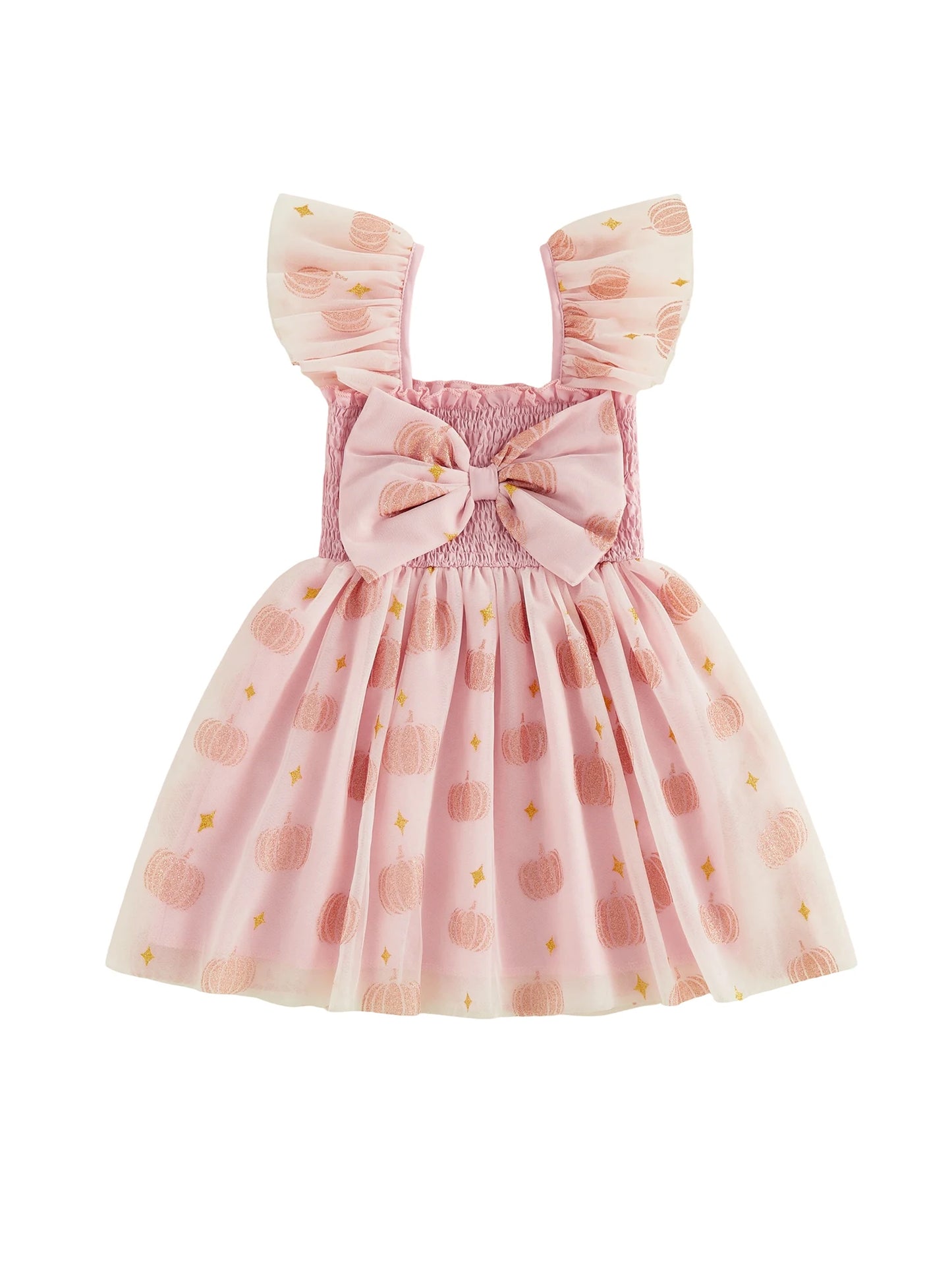 Toddler Halloween Dress With Tulle Flying Sleeves Bow Pumpkin Decor