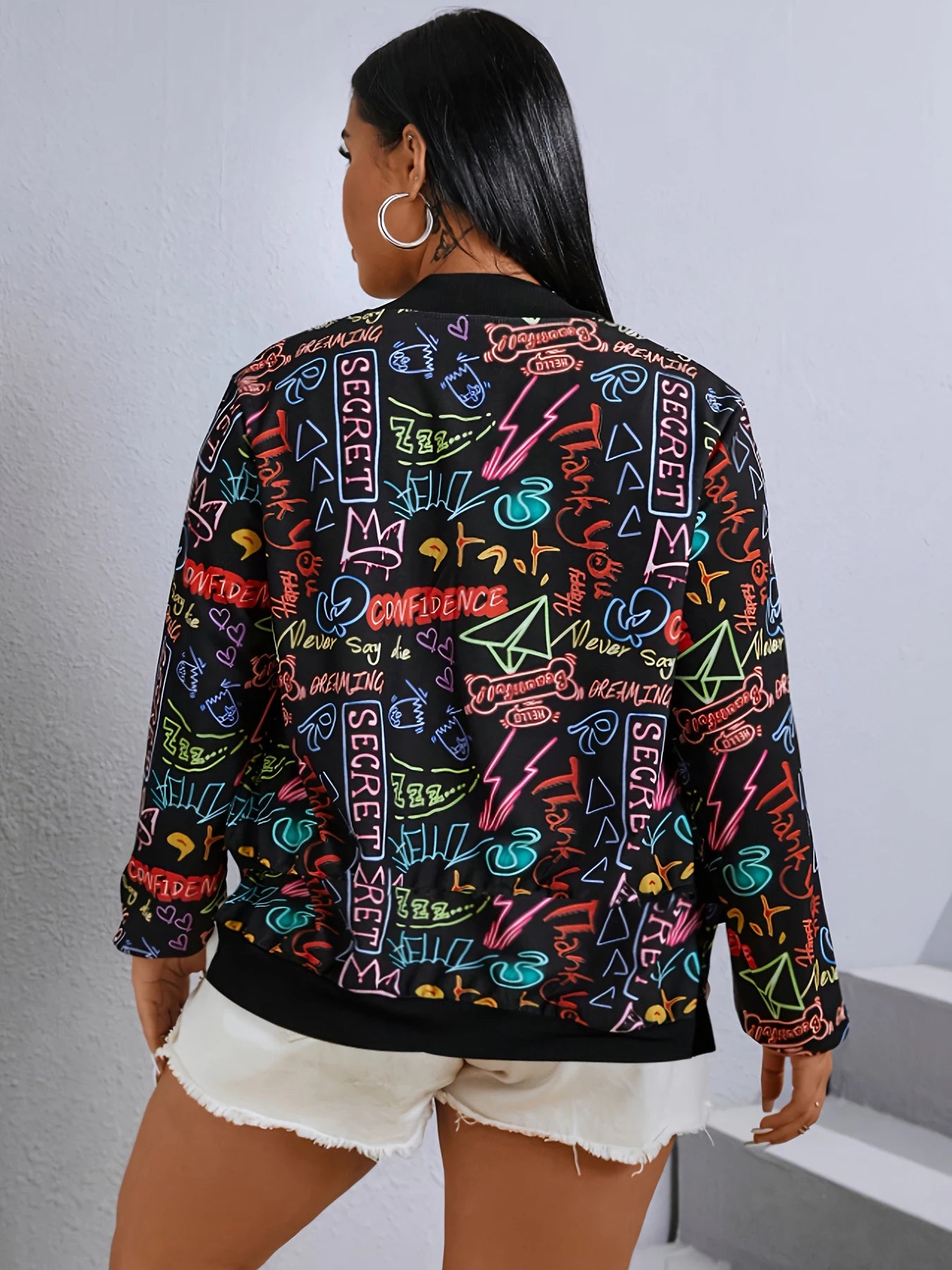 Plus size women's colorful neon graffiti print baseball jacket zipper street style casual slimming stand collar jacket coat