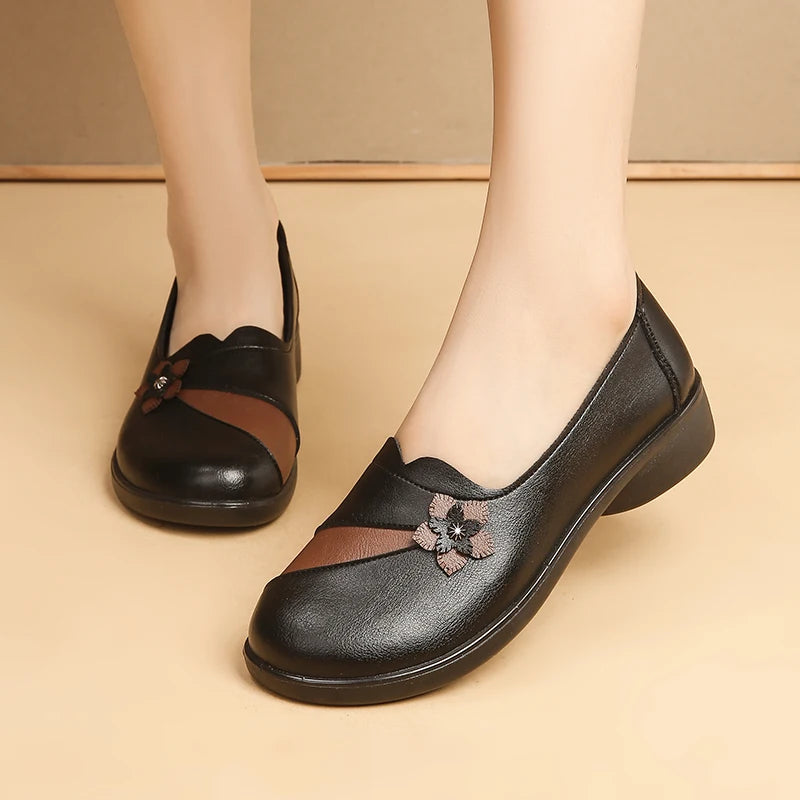 Women's Floral Slip On Flats - Light Brown Leather Loafers with 3D Flower Detail