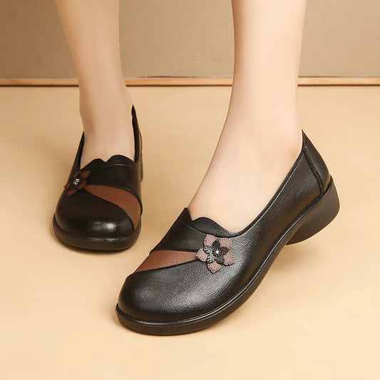 Women's Floral Slip On Flats - Light Brown Leather Loafers with 3D Flower Detail