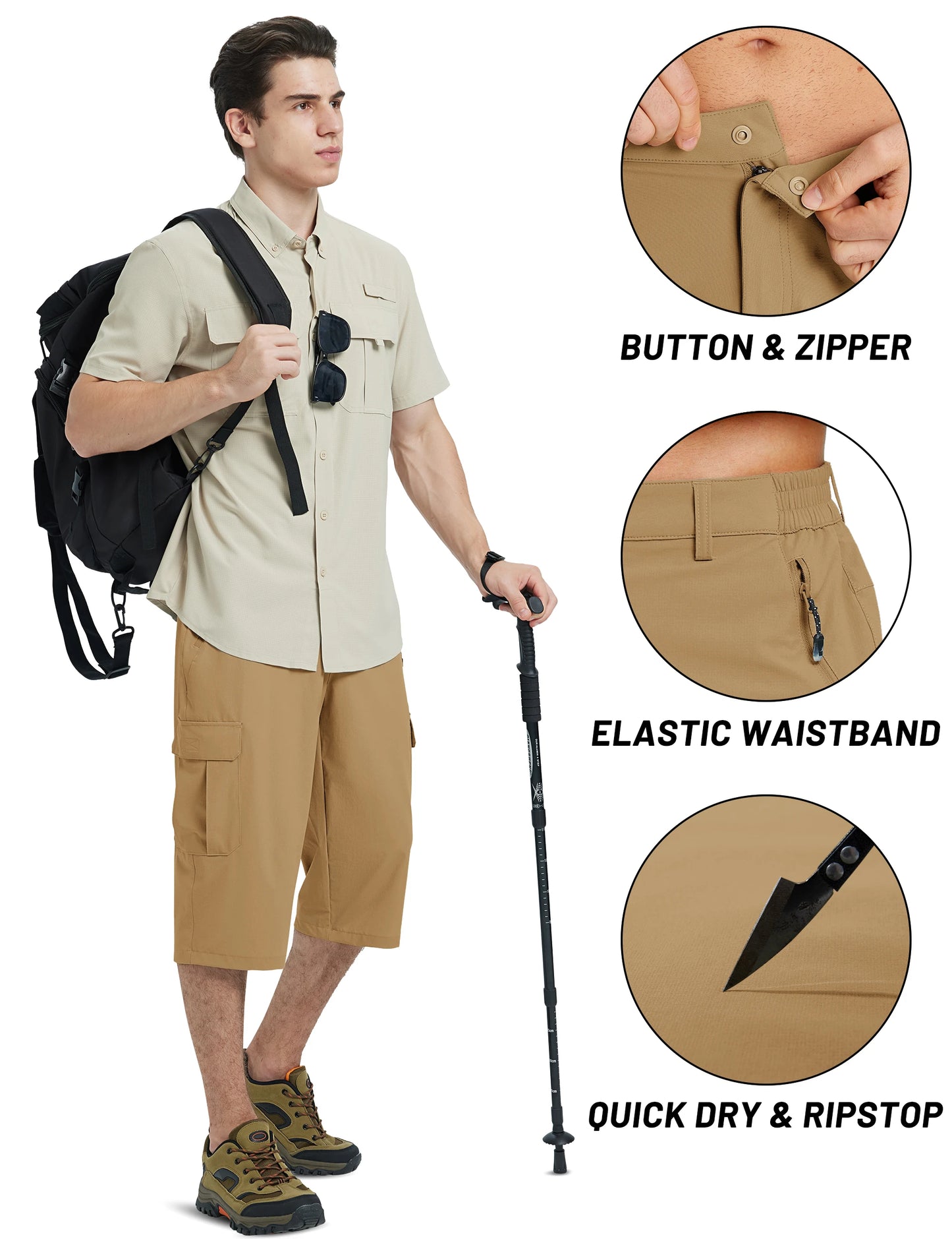 Mens Summer Quick Dry 3/4 Capri Pants Casual Multi-Pockets Lightweight Shorts Outdoor Hiking Cargo Nylon Pants Workout