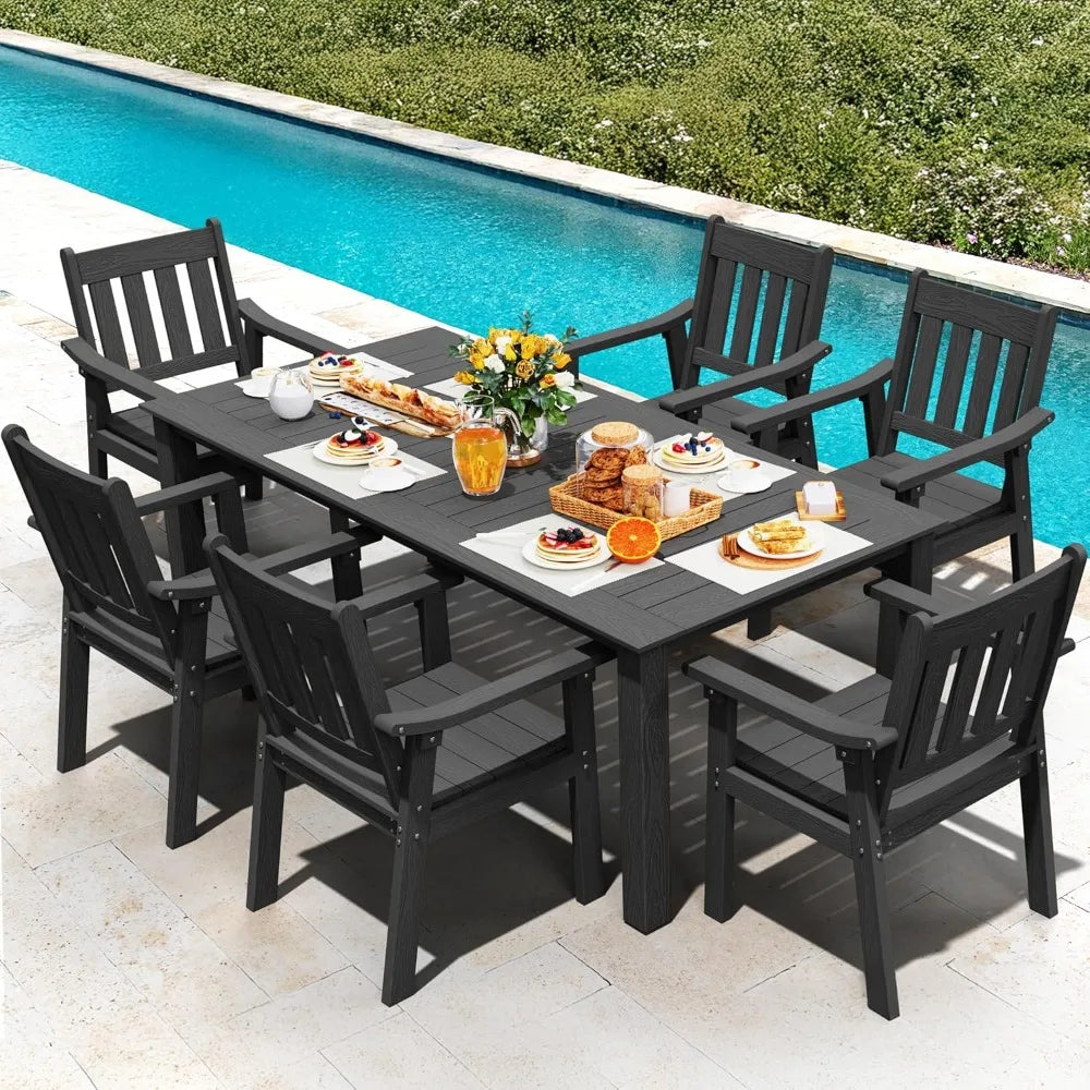HIPS Patio Table Set: 7 Piece Outdoor Table and Chairs Dining Furniture Set with Umbrella Hole - Black Modern Plastic Dining Se
