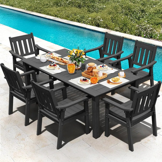 HIPS Patio Table Set: 7 Piece Outdoor Table and Chairs Dining Furniture Set with Umbrella Hole - Black Modern Plastic Dining Se