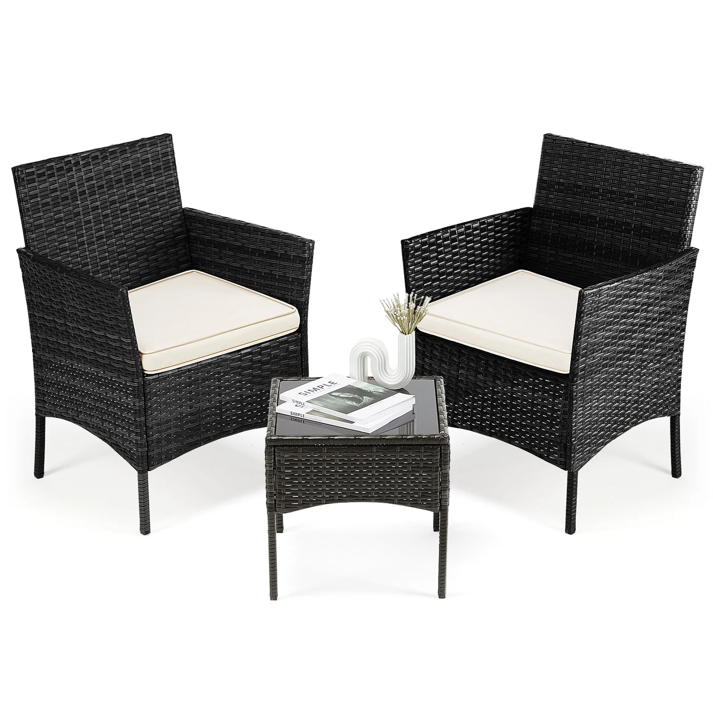 JHK 3 Pieces Outdoor Patio Furniture Set Manual Weaving Wicker Rattan Patio Chairs with Soft Cushion and Glass Table For Garden