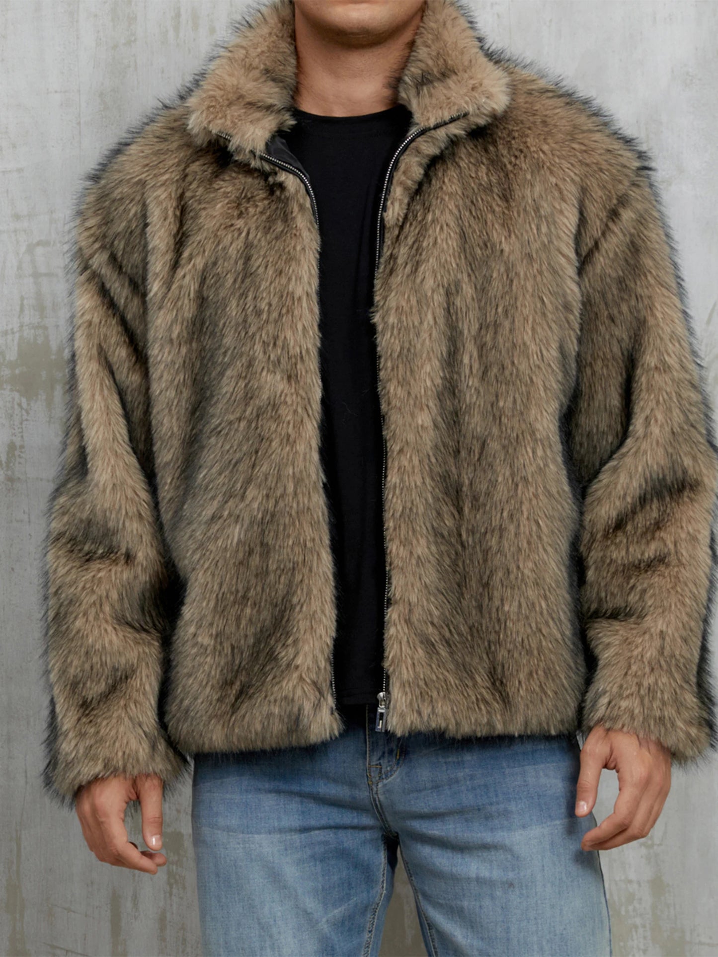 Men's Faux Fur Jacket Winter Warm Stand Collar Coat