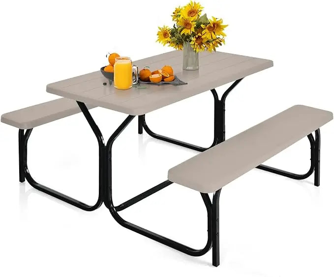 Picnic Table, Resin Dining Table & 2 Benches Set, Weather Resistant Wood Grain Tabletop & Steel Frame, Plastic Picnic Tables