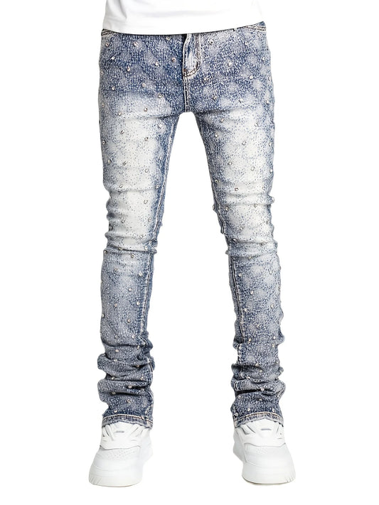 Men's denim fashion personality straight leg men's pants European and American fashion Instagram hot item elastic pearl denim la