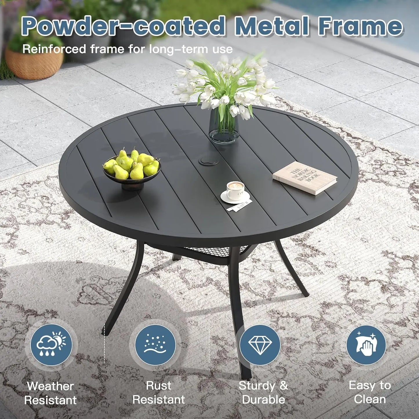 5 Pieces Outdoor Patio Dining Set, 4 Brown Textilene Swivel Dining Chairs and 40.6" Black Round Dining Table, Metal, Customized