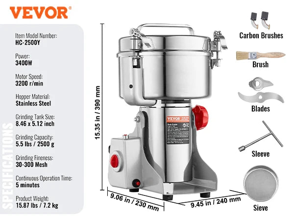 VEVOR Electric Grain Mill Grinder for Dry Herbs and Spices