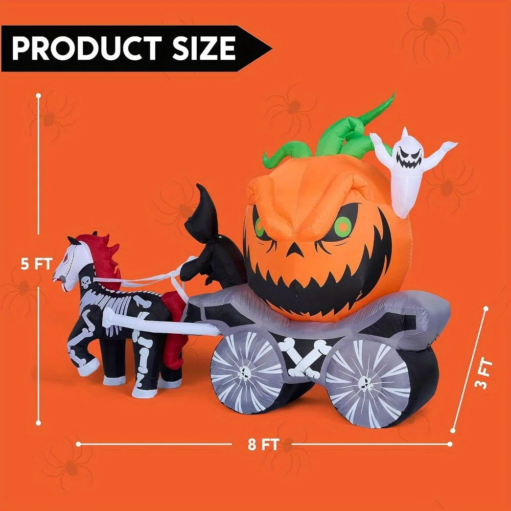 8 Ft Long Pumpkin Carriage Halloween Inflatables Outdoor Decorations Blow Up Pumpkin Carriage with Build-in LEDs Blow Up for Yard, Halloween Inflatables Party Decoration Outside Garden Lawn