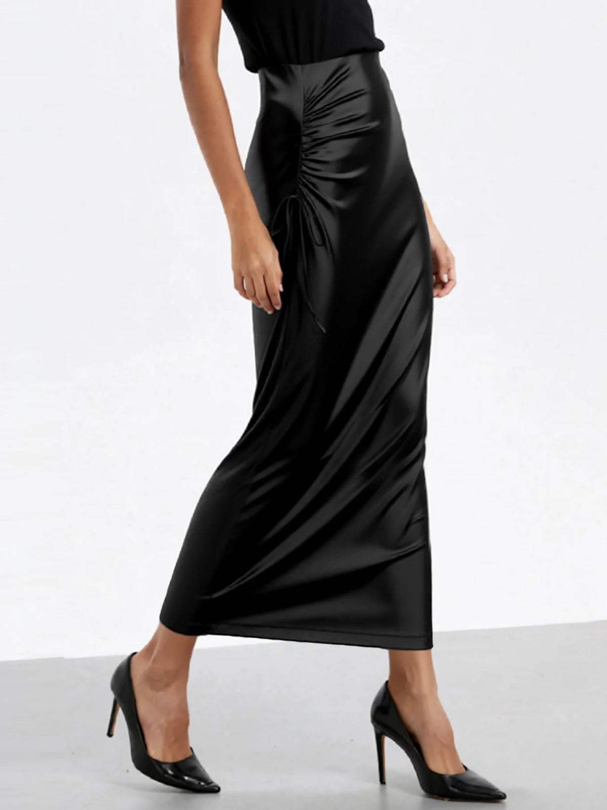 Women Satin High Waist Ruched Midi Skirt Elegant Evening Wear