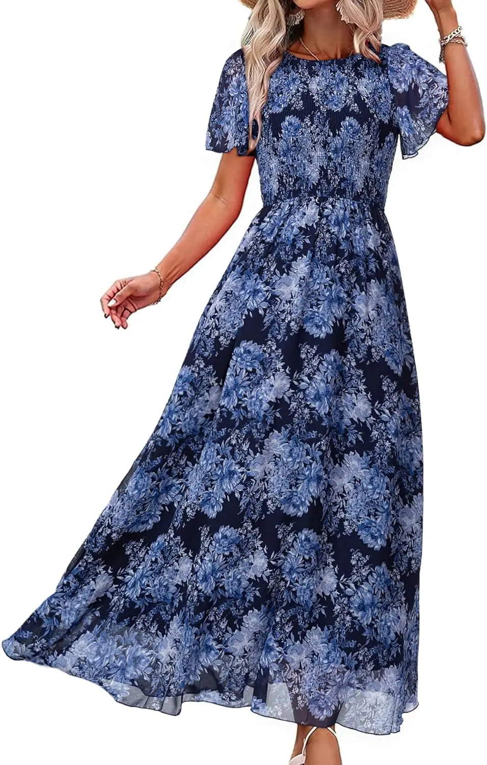 Floral Casual Summer Maxi Dress Chiffon With Smocked Short Sleeve